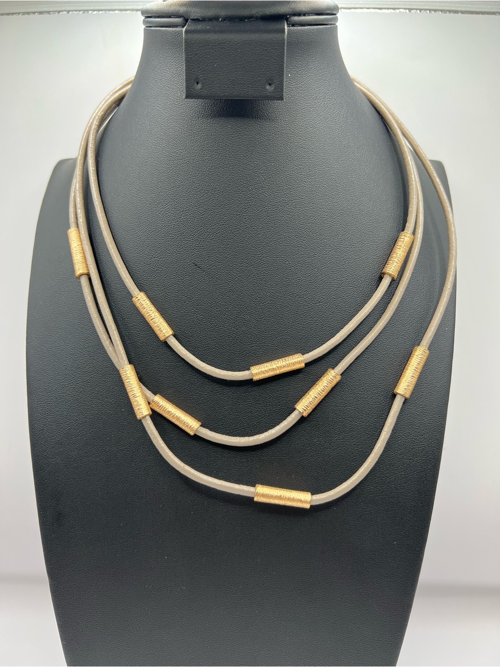 Vintage Minimalist Multi-Strand Taupe Cord Necklace with Textured Gold Tubes
